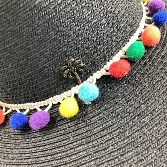 Sun N Sand Wide Rim Pom Pom Multicolor Black Straw Hat Size OSFM 22” EUC - Picture 4 of 12